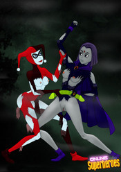 Raven and Harley Quinn fighting